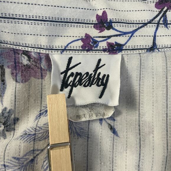 Vintage Top Plus Size 1X White Purple Floral Stripe Short Sleeve Casual Cottage - Picture 7 of 9